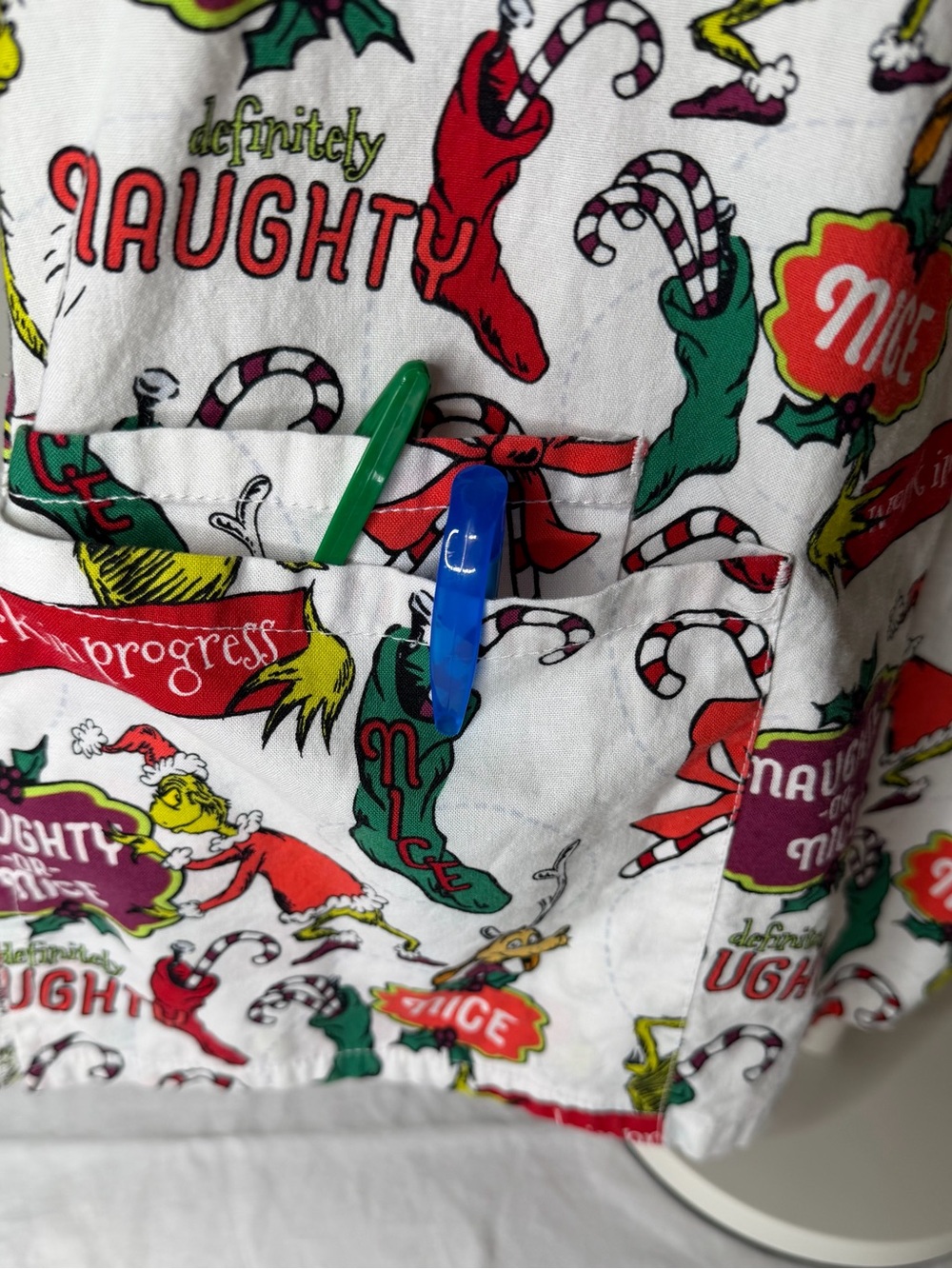 Dr. Seuss The Grinch White Short Sleeve Shirt Medical Scrub Top with Red Green - Picture 3 of 6